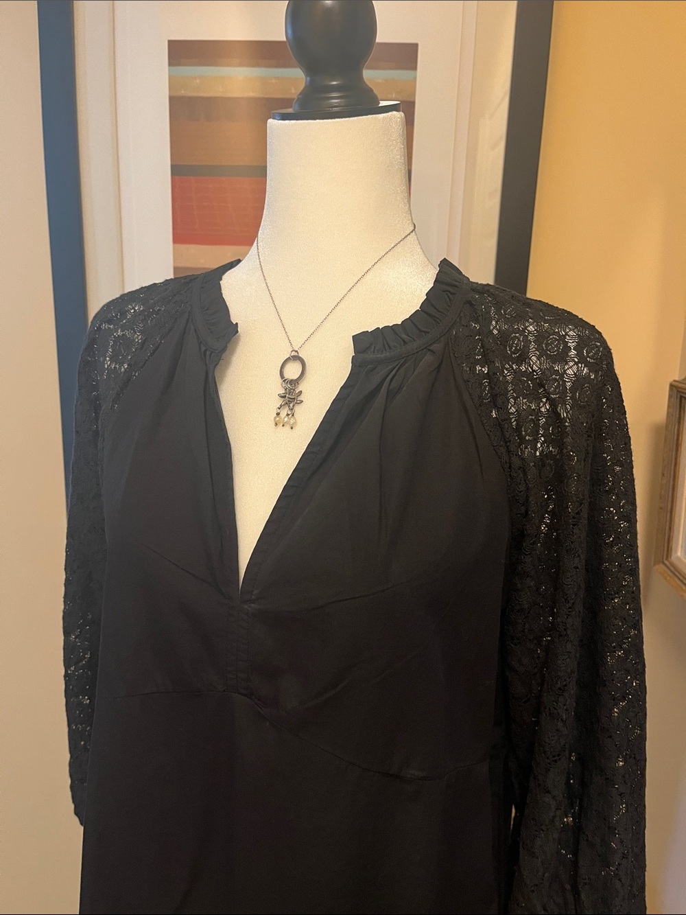 GAP Cotton Black Dress with Lace Sleeves and Ruffle Hem XS Petite